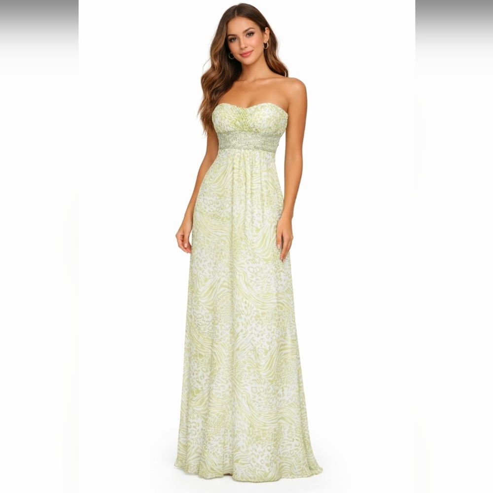 CAMILLE‎ LA VIE Womens Maxi Dress Animal Print Lime Green 100% Silk Size 2 Glam